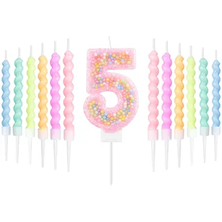 mciskin Macaron zum 5. Geburtstag Kerzen Set,zum 5th Geburtstag Dekoration für Mädchen,rosa Zahl 5 Kerzen und 12 spiralen Party Kerzen für Kuchen,Regenbogen Kuchenaufsatz für Macaron Party Dekoration