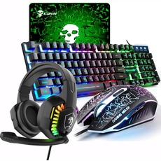 UK-Layout 4-in-1 Gaming-Tastatur und Maus-Set, Regenbogen-Hintergrundbeleuchtung, USB Gaming-Tastatur + 2400 DPI 6 Tasten Optische Regenbogen-LED-USB-Maus + Gaming-Headset + Mauspads für PC/Computer