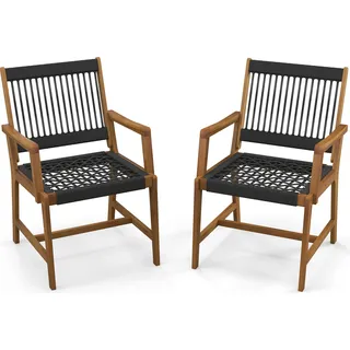 COSTWAY 2er Set Gartenstühle Akazienholz, Esszimmerstuhl mit Rückenlehne & Armlehne, Balkonstuhl bis 160 kg belastbar, Bistrostühle für Terrassen & Garten & Balkon - Schwarz, Naturbelassen