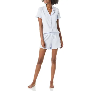 Amazon Essentials Damen Schlafanzug-Set aus Baumwoll-Modal mit Paspelierung und Kerbkragen, Bequeme Loungewear (Erhältlich in Übergröße), Blassblau, XXL