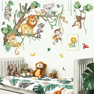 decalmile Wandsticker Dschungel Tiere Baum Zweig Groß Wandtattoo Safari Löwe Leopard Affen Reben Wandaufkleber Babyzimmer Kinderzimmer Schlafzimmer Wanddeko