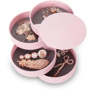 Generisch 4-lagiges Dreh-Schmuckkästchen mit Deckel | Schmuckorganizer für Ohrringe, Ringe & Ketten | Reise-Jewelry-Box (10x10cm) – Geschenk für Frauen(A-rosa)