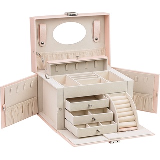 AdelDream Schmuckkasten Schmuckkästchen Schmuckkoffer groß abschließbar mit Spiegel schmuck box jewellery box für Ringe Ohrringe geschenk grosse schmuckbox abschließbar Rosa