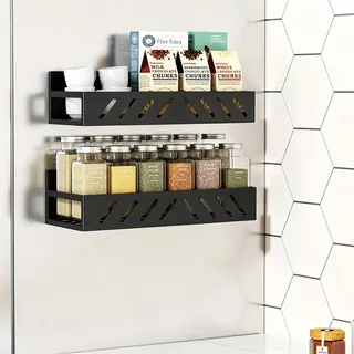Melldrry Gewürzregal Magnetisch, 2er Set, Magnetregal, Gewürz Organizer | ohne Bohhren, für Küche, Kühlschrank, Mikrowelle, Waschmaschine, 1 große und 1 kleine Regale mit 4 Haken Schwarz