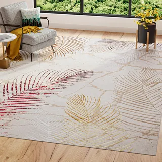 TAPISO Golden Teppich Wohnzimmer Kurzflor Schlafzimmer Luxuriös Creme Gold Rot Blätter Meliert Verwischt Modern Design ÖKOTEX 80 x 150 cm