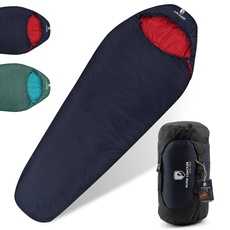 Alpin Loacker Ultraleicht Schlafsack kleines Packmaß I 3 Jahreszeiten leicht I Outdoor kompakt zum Camping oder als Reise I 100% Recycelt, Blau rechts Zip