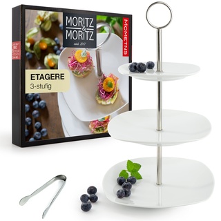 Moritz & Moritz Obst Etagere 3 Etagen - Inkl. Zange - Aus hochwertigem Porzellan – Moderne Küchen Deko oder Party Deko – Perfekt als Obstschale für Obst Aufbewahrung, Muffins und Cupcakes