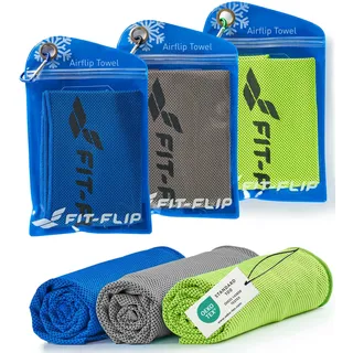 Fit-Flip Kühltuch 3er Set – kühlendes Handtuch Fitness und Sport – mikrofaser kühlhandtuch – Airflip kühltücher – cool Ice Towel (grün/dunkel blau/grau, 100x30cm)