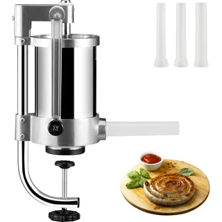Vevor Manueller Wurstfüller Wurstfüllmaschine 1,5 L, Edelstahl + Aluminium Professionelle Silberne Wurstmaschine inkl. 16/19 / 22 mm Füllrohre, Vertikale Wurstpresse mit Tischklemme Hausgemacht