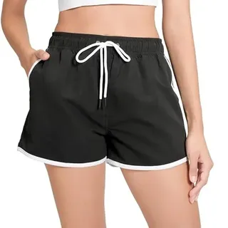 riemot Badeshorts Damen Schnelltrocknend Kurze Sporthose Trainingshose Yogahose Sommer Badehose Atmungsaktiv Schwimmshorts UV Schutz Strandshorts Boardshorts Mit Tasche und Gummizug,Schwarz,M