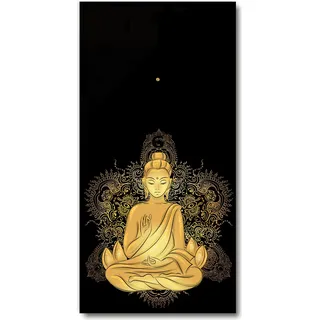 Wanduhr aus Glas – 30x60 cm - Glasbild - Glasuhr - Gehärtetes Glas -Buddha und Mandala - Gelb