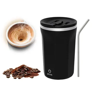 WIYETY 380ml Elektrischer Selbstrührende Kaffeetasse: Self Stirring Cup aus Edelstahl, Kaffeetasse mit Temperaturanzeige, Magnetische Tasse Selbstrührend für Kaffee Tee Milch, Schwarz