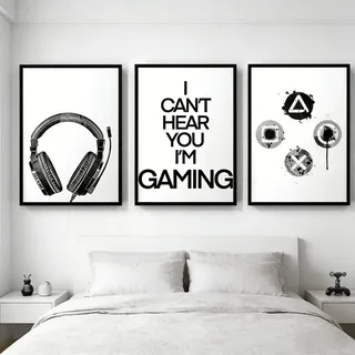 JORCEDI 3er Schwarz-Weiße Gaming Poster Set, Gaming Bilder Set, Moderne Wanddeko, für Schlafzimmer Teenager Spielzimmer Junge Schlafsaal, Ohne Rahmen (50 × 70 cm)