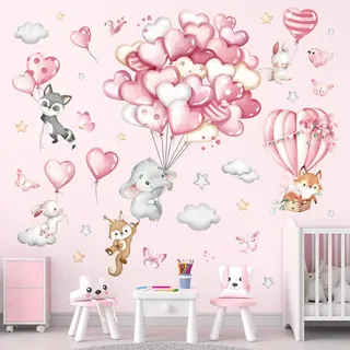 decalmile Wandtattoo Waldtiere Luftballons Rosa Wandaufkleber Heißluftballon Elefant Fuchs Wandsticker Babyzimmer Kinderzimmer Mädchen Schlafzimmer Wanddeko