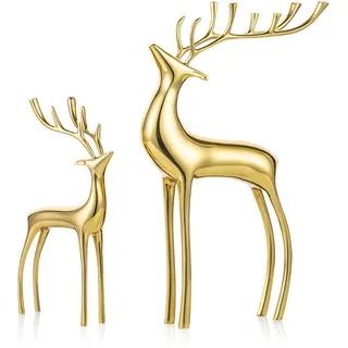 Sziqiqi Rentier Figur Statuen Deluxe 2er Set, Weihnachten Hirsch Reines Kupfer Schwere Rentier Ornamente für Home Decor Akzente Wohnzimmer Büro Buch Tischplatte Kaminsims Weihnachtsdekoration, Gold