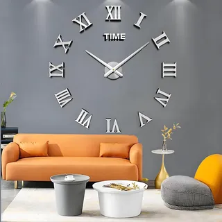 Coraltree DIY 3D Wanduhr Moderne Mute Große XXL Stumm Spiegel Aufkleber für Dekoration Geschenk nach Hause Restaurant Büro und Hotel, 70-130 cm, Silber