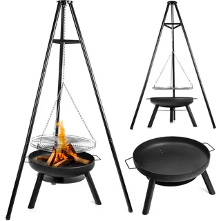 LEHMANN Feuerschale mit Ø 58 cm Grillrost, großes Dreibein für Feuerschale mit Schwenkgrill, Holzkohlegrill mit Feuerschale - Schwarz