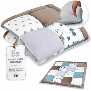 Krabbelmatte Baby 100 x 100 cm gepolstert – Krabbeldecke Spieldecke waschbar bei 30 Grad für Kinderzimmer Laufgitter & unterwegs – Spielmatte Babymatte faltbar Afrika Patchwork