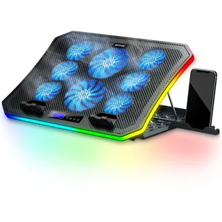 MOOJAY RGB Gaming Notebook Kühler für Schreibtisch und Schoß, 8 Höhenverstellbar mit 8 Leisen Lüfter+Handyständer, für 15,6-17,3 Zoll Laptops - Blau LED Licht