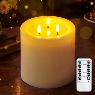Yeelida 3-Docht 15x15cm große flammenlose LED-Kerze mit Fernbedienung und Wachsöl-Effekt, Timerfunktion Weiß batteriebetriebene Säule flackernde Echtwachs-3D-Docht-Kerze