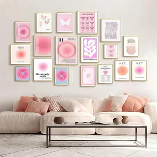 CAIJ Aesthetic Poster Set – 16er Rosa Wandbilder & Kunstdrucke für Clean Girl Zimmer Deko, Ästhetische Wanddeko für Wohnzimmer, Aesthetic Room Decor für Mädchen
