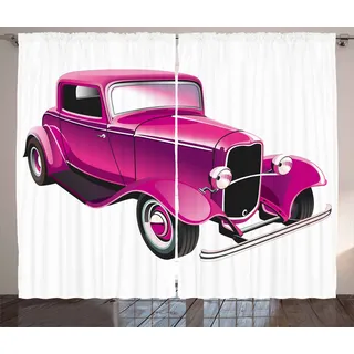 ABAKUHAUS Hot Pink Rustikaler Vorhang, Weinlese-Muskel-Auto, Wohnzimmer Universalband Gardinen mit Schlaufen und Haken, 280 x 260 cm, Magenta Fuchsienfarben Schwarz - Schwarz