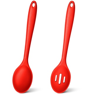 TEAMFAR Silikon Kochlöffel Set, 2-teilig Antihaft Rührlöffel Servierlöffel Küchenhelfer zum Kochen, Backen, Rühren, Mischen, Rot, Spülmaschinenfest