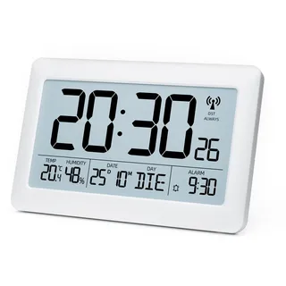 LATEC Wanduhr Digital, Digitale Wanduhr mit Temperaturanzeige und Feuchtigkeitsanzeige, Funkuhr Digital mit Hintergrundbeleuchtung, Datum, Wochentag, Groß, 20 x 13 x 1,2 cm (mit Batterien)