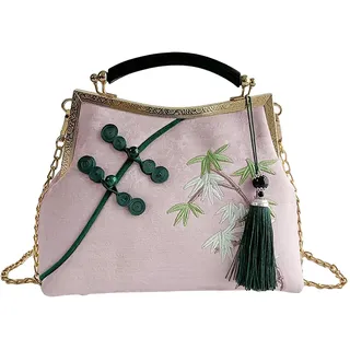 Anopo Bestickte Clutch Handtasche für Damen Hochzeit Boho Clutch mit Quaste Vintage Umhängetasche für Abendparty Rosa
