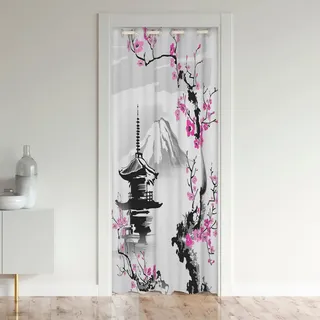 Loussiesd Japanese Türvorhang 86x203cm für Tür Privatsphäre Japan Fuji Berg Schrank Vorhang für Innentür Raumteiler Wohnzimmer Sakura Floral Isolierter Wärmevorhang Zimmer Divider Vorhang Abdeckung