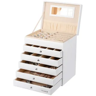 Yorbay Schmuckkoffer Seelux Serie Schmuckkasten mit Spiegel, 5 Schubladen (Weiß)