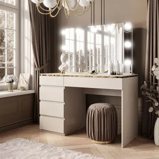 Schminktisch AURORA II ELITE KASCHMIR mit Spiegel und Beleuchtung - Gold, Weiß