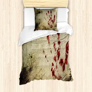 ABAKUHAUS Horror Haus Bettbezug Set, Schmutzige Schmutz-Wand mit blutiger Handdruck Trübe Palmen-Spuren-Opfer-Gewalt-Druck, 135 x 200 cm + 80 x 80 cm, Red Beige