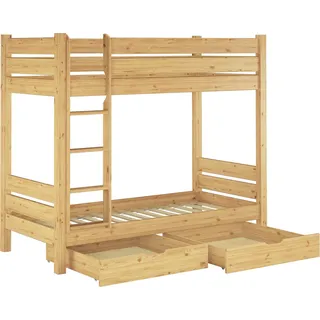 Etagenbett extra robust 90x200 Nische 100 Stockbett Zubehör wählbar Kiefer massiv V-60.16-09Rollrost und Doppelbettkasten inkl. - Braun