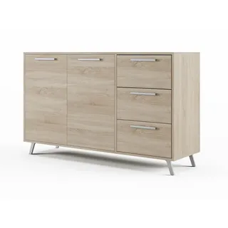 Furniture24 Kommode Bali mit 3 Schubladen 2 Türen Sideboard Schubladenschrank Sonoma Eiche - Silber