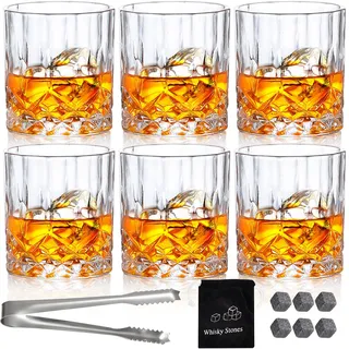 Whiskygläser Set mit 6 Vintage-Whiskygläsern, 300 ml, Kristallglasbecher, Trinkgläser, Bourbon, Brandy, Rum, Cocktail, Zuhause, Bar, Party