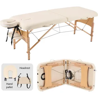 YOUNIKE Massageliege 2-Zonen klappbar Tragbare Massagebank Höhenverstellbarer Massagetisch mit Kopfstütze mit Holzfüßen und Zubehör Tragetasche Mobile Massagebett Creme