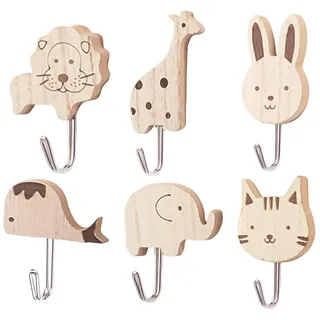 Nujvnuj 6 Stück Niedliche Tier Kleiderhaken Selbstklebende Holz-Wandhaken Perfekte Kinder-Garderobe für Schlafzimmer Badezimmer Kinderzimmer (Süße Cartoon-Tier-Deko Kein Bohren nötig) (Stil 1)