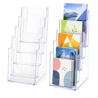 Wxeadu 2Stück Prospekthalter mit 5Fächern,Hochformat Prospektständer Din A4 | Transparent Flyerständer, ABS Tisch-Prospektständer A4, Wandprospekthalter A4, Flyerhalter für Büro, Flyer, Empfang, Menü