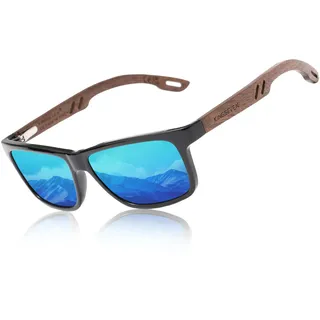 KINGSEVEN Design Holz Polarisierte Rechteckige Sonnenbrille für Herren, Walnuss-Holzrahmen Verspiegelte Brille zum Fahren W5508 (Blau)