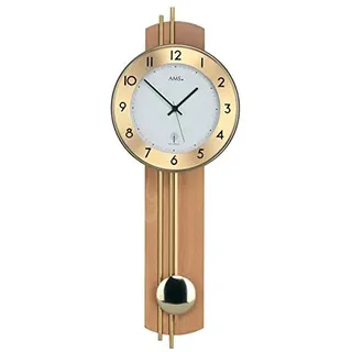 Pendeluhr AMS 5266 / 18 Wanduhr mit Pendel Funk , Holzrückwand Buche furniert , Messingstäbe by AMS