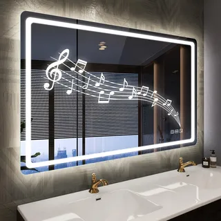STARLEAD 100x70cm Bluetooth-Spiegel-Bad-mit-Beleuchtung, Badezimmer-Spiegel-mit-Entfoggen, Dimmbar, 3 Farbtemperaturen, IP44 Hartglas Wandspiegel, Horizontal/Vertikal