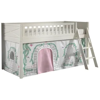 Hochbett VIPACK "Scott", weiß (weiß, beige mit floralem muster und schmetterlingen, weiß, weiß), B:134,7cm H:114cm L:207,6cm, 100% Baumwolle, Hochbetten, Hochbett, mit schräger Leiter, LF 90x200 cm, Vorhang, Tunnel, 4 Designs