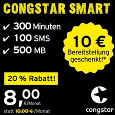 congstar Smart Tarif [SIM, Micro-SIM und Nano-SIM] 24 Monate Laufzeit (8,00 Euro/Monat, 500 MB Datenflat mit max. 21 Mbit/s, monatlich 300 Minuten und 100 SMS) in bester D-Netz-Qualität