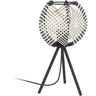 EGLO Tischlampe Waverton, Stativ Nachttischlampe, Dreibein Tischleuchte aus Metall und Holz in Schwarz, Textil in Weiß, Deko-Lampe mit E27 Fassung