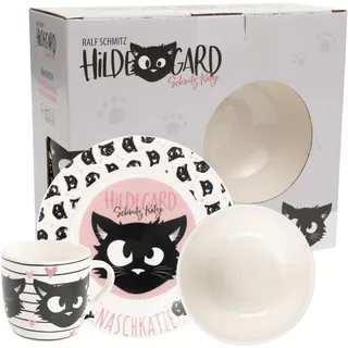 United Labels Ralf Schmitz 3-teiliges Geschirrset, Weiß, Hildegard Katze Frühstücksset aus Porzellan mit Teller Ø 19 cm, Tasse 220 ml und Schale 330 ml, Geschirr Set