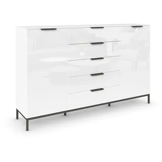 Rauch Möbel Flipp, Kommode, Farbe Glas Weiß, Breite 180 cm | Sideboard, 2-türig, 5 Schubladen, Glasfront, Soft-Close, Griffe, Metallkufe Graphit für Schlafzimmer, Gästezimmer, Wohnzimmer