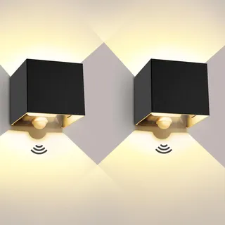ledmo 2 Stücke 20W Aussenlampe mit Bewegungsmelder, IP65 Wasserdichte Außenwandleuchten, LED 3000K Warmweiß Wandleuchte Innen/Außen, Einstellbarer Lichtstrahl außenlampe mit bewegungsmelder, Schwarz