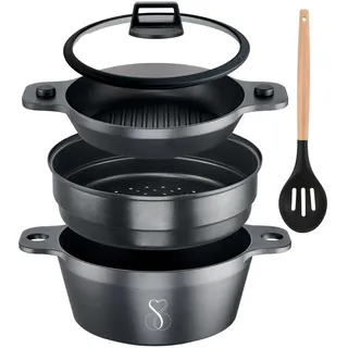Induktionskochset 24 cm | Dampfgarer + Grillpfanne + Dampfgarer für Lebensmittel mit 3 Ebenen stapelbar + Deckel aus gehärtetem Glas + Löffel