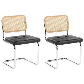 BELIANI Esszimmerstühle 2er Set Schwarz Kunstleder Gepolstert mit Wiener Geflecht Rückenlehne Freischwinger Metallgestell Vintage Retro Stil - Schwarz, Silber, Braun